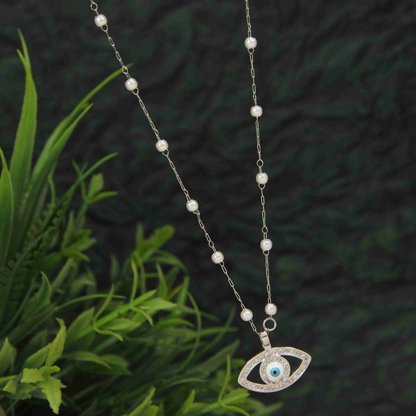 Tarohi Jewels Stainless Steel Silver Evil Eye Pendent Pearl Chain Necklace - STNK 4954