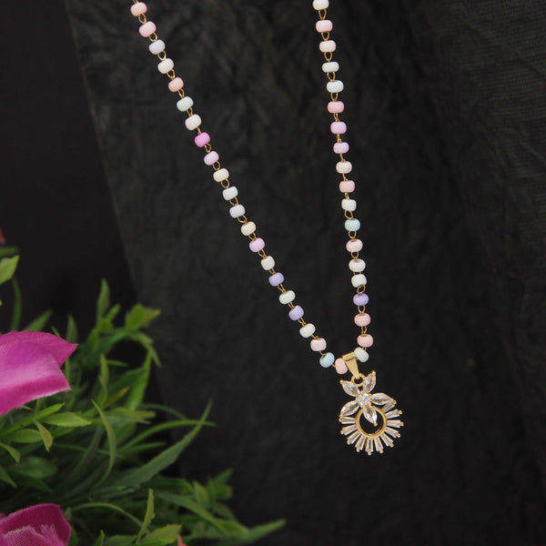 Stainless Steel Floral Pendent Pearl Chain Necklace - STNK 4961