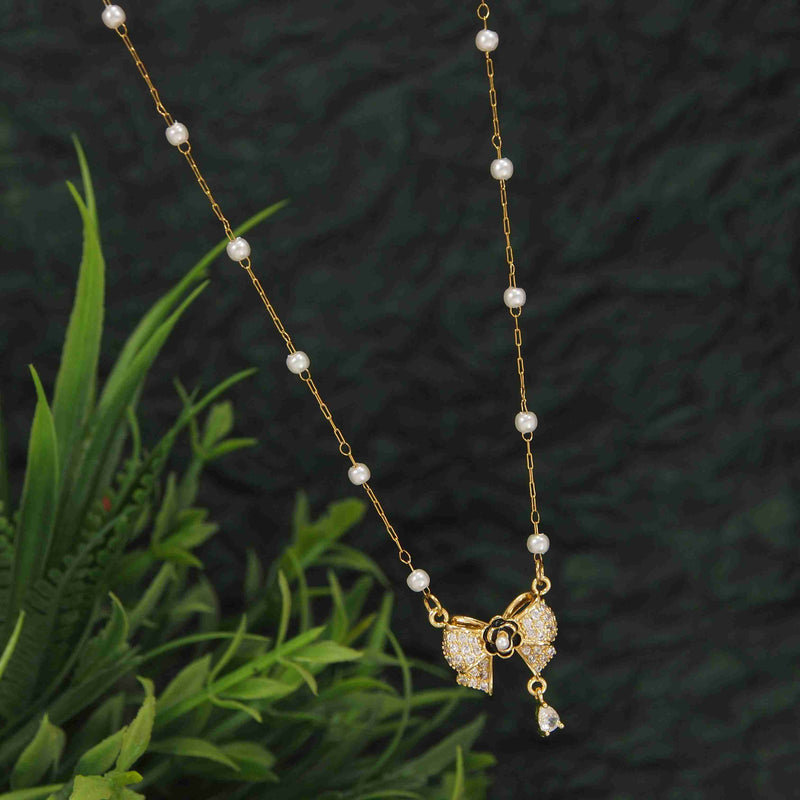 Stainless Steel Bow Shaped Pendent Pearl Chain Necklace - STNK 4972