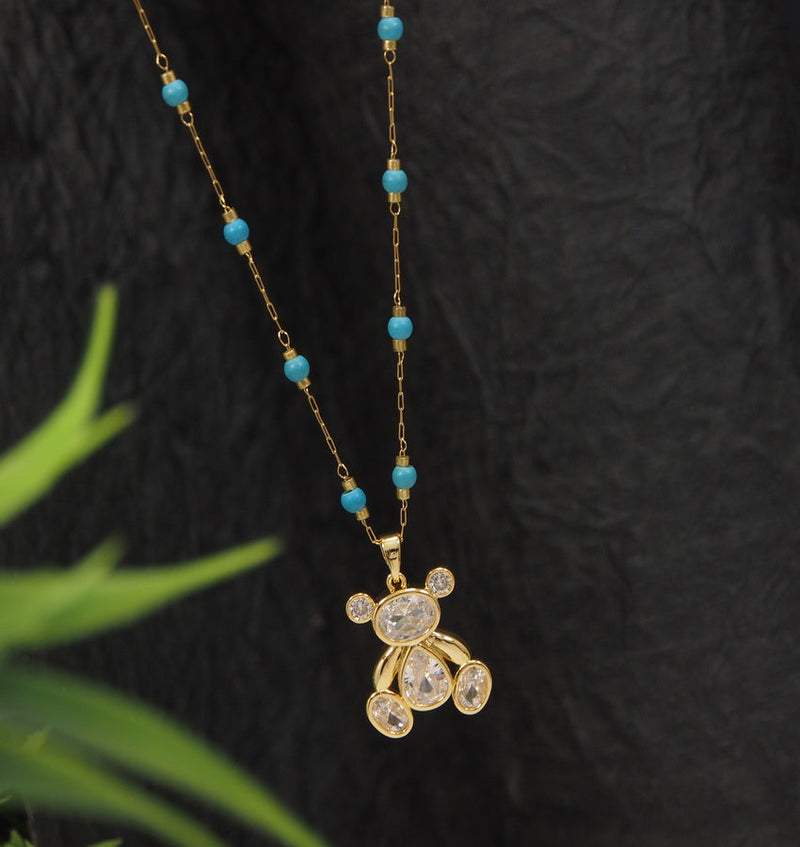 Stainless Steel Teddy Bear Pendent Pearl Chain Necklace - STNK 4973