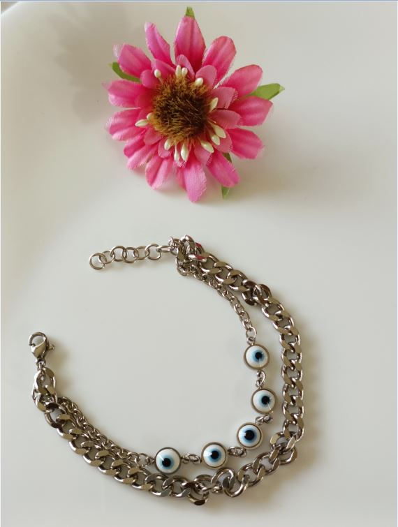 Tarohi Jewels Silver Plated Stainless Steel Evil Eye Chain Bracelet