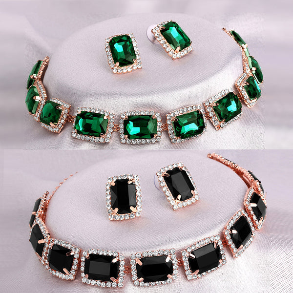 Shrishti Fashion Fancy Squire Green And Black Rose Gold Plated Set Of 2 Collar Necklace Set Combo For Women