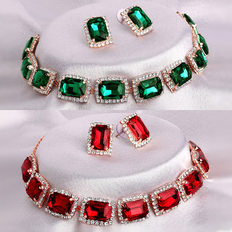 Shrishti Fashion Good-Looking Squire Green And Red Rose Gold Plated Set Of 2 Collar Necklace Set Combo For Women