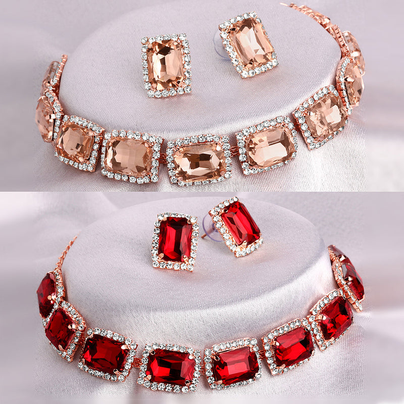 Shrishti Fashion Inspired Squire Peach And Red Rose Gold Plated Set Of 2 Collar Necklace Set Combo For Women