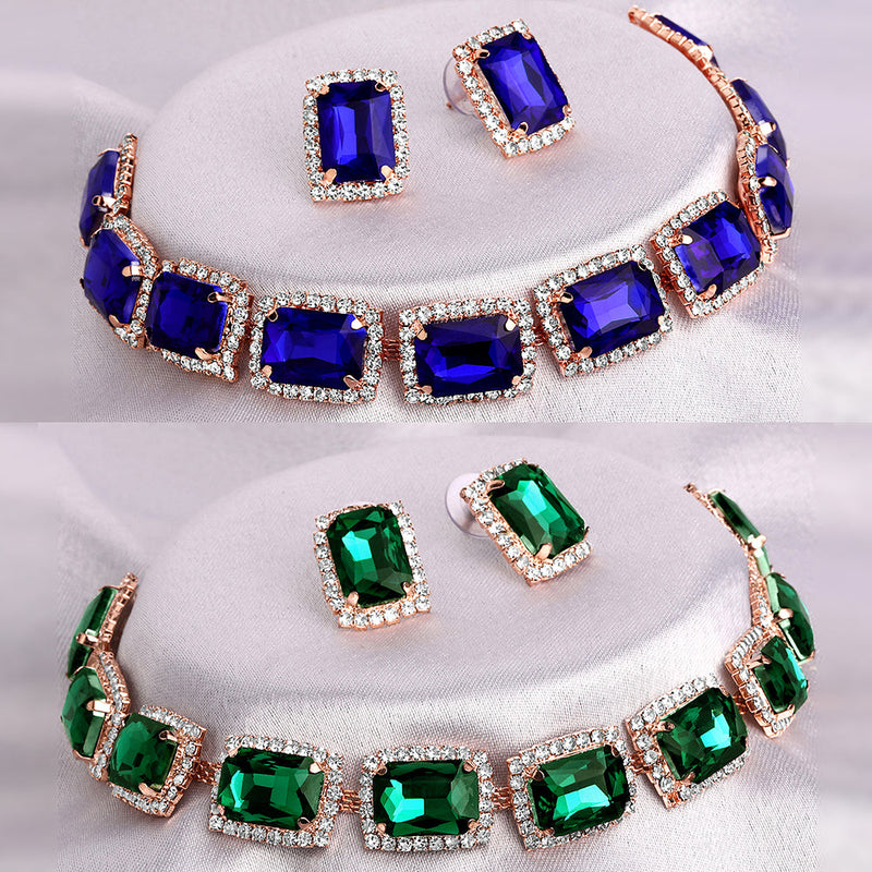 Shrishti Fashion Lovely Squire Blue And Green Rose Gold Plated Set Of 2 Collar Necklace Set Combo For Women