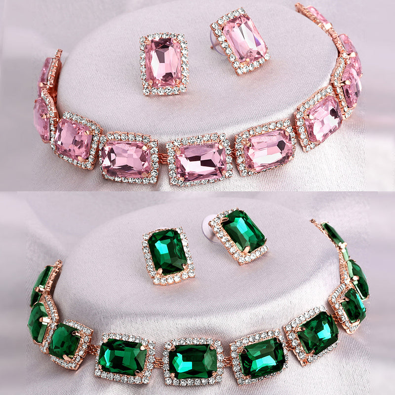 Shrishti Fashion Marvellous Squire Pink And Green Rose Gold Plated Set Of 2 Collar Necklace Set Combo For Women