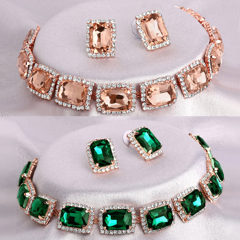 Shrishti Fashion Modern Squire Peach And Green Rose Gold Plated Set Of 2 Collar Necklace Set Combo For Women