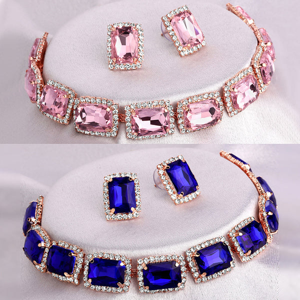 Shrishti Fashion Pleasing Squire Pink And Blue Rose Gold Plated Set Of 2 Collar Necklace Set Combo For Women