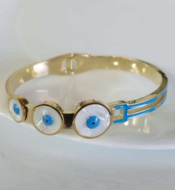 Tarohi Jewels Stainless Steel Gold Plated Tri Evil Eye Kada- STKD 4863