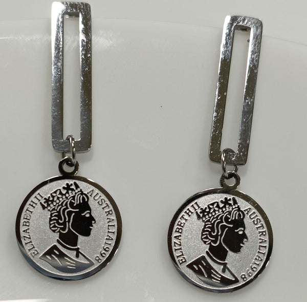 Tarohi JewelsStainless Steel Gold/Rosegold/Silver Plated Hanging Queen Elizabeth Portrait Coin Drop Earring- STNER 2583