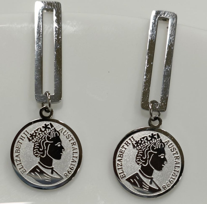 Tarohi Jewels Stainless Steel Gold/Rosegold/Silver Plated Hanging Queen Elizabeth Portrait Coin Drop Earring- STNER 2583