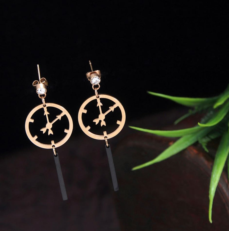 Tarohi JewelsStainless Steel Rosegold Plated Clock Designed Earring- STNER 2728