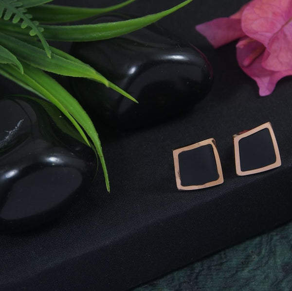 Tarohi Jewels Stainless Steel Rosegold Plated Black Square Shaped Stud Earring-STNER 2860