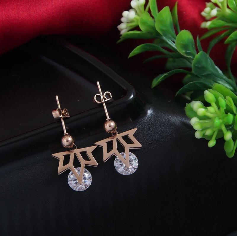 Tarohi JewelsStainless Steel Rosegold Plated Leaf Designed CZ Drop Earring-STNER 2868