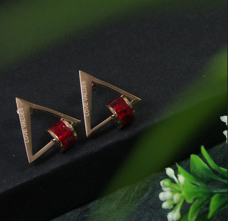 Tarohi JewelsStainless Steel Rosegold Plated Triangle Shaped Red Coloured Ring Drop Earring-STNER 2878