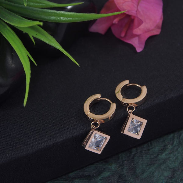 Tarohi JewelsStainless Steel Rosegold Plated Square CZ Hoops Earring-STNER 2901