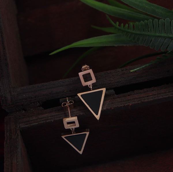 Tarohi Jewels Stainless Steel Rosegold Plated Inlaid Black Triangle Shaped Drop Earring-STNER 2907