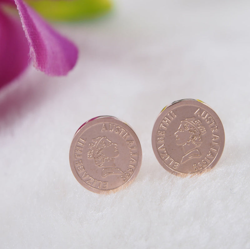 Tarohi Jewels Stainless Steel Rosegold Plated Queen Elizabeth Coin Shaped Stud Earring- STNER 3849