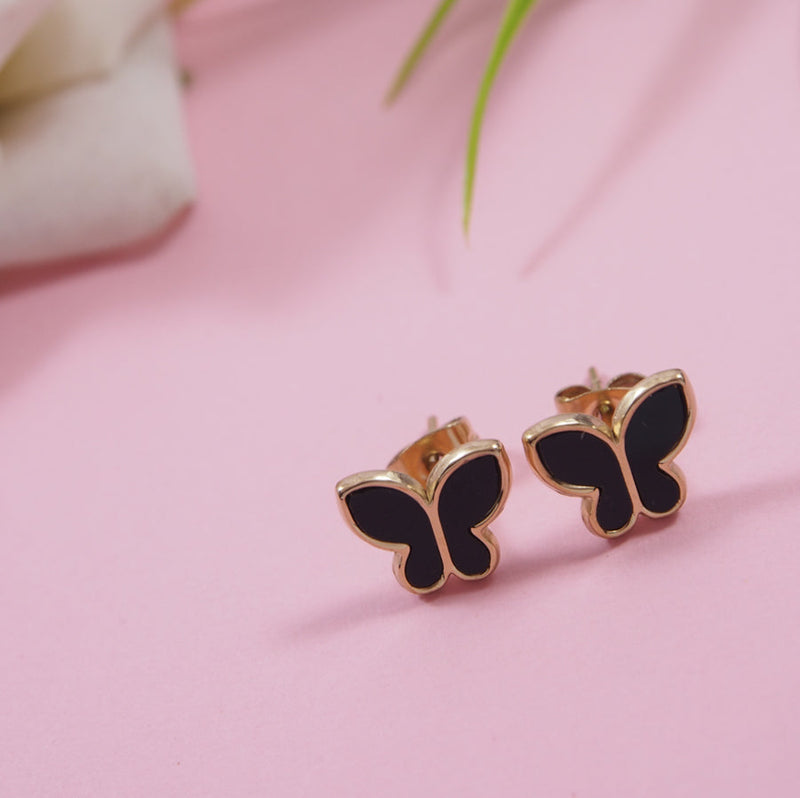 Tarohi Jewels Stainless Steel Rosegold Plated Black and White Pearl Butterfly Stud Earring- STNER 3860