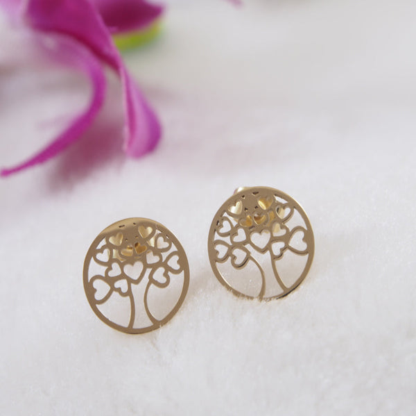 Tarohi Jewels Stainless Steel Gold Plated Inlaid Tree Shaped Mini Hearts Stud Earring- STNER 3874