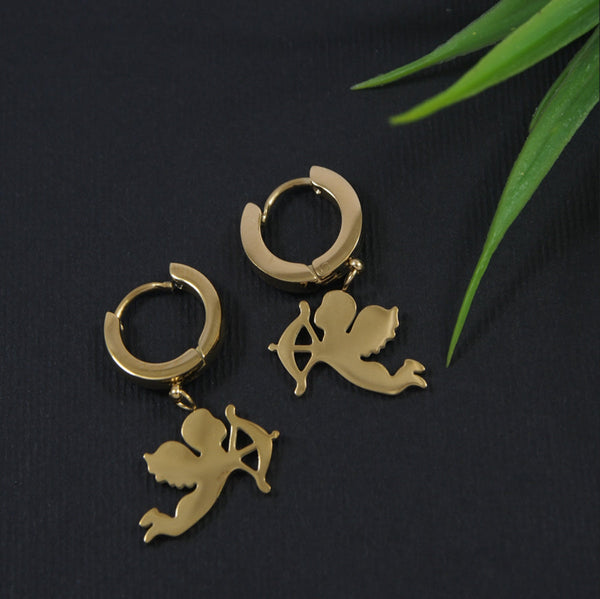 Tarohi JewelsStainless Steel Gold Plated Lovely Cupid Angel Hoops Earring- STNER 3889