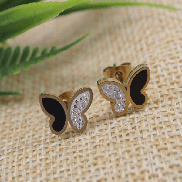 Tarohi JewelsStainless Steel Rosegold Plated Red/Black Coloured Butterfly Shaped Stud Earring- STNER 3894