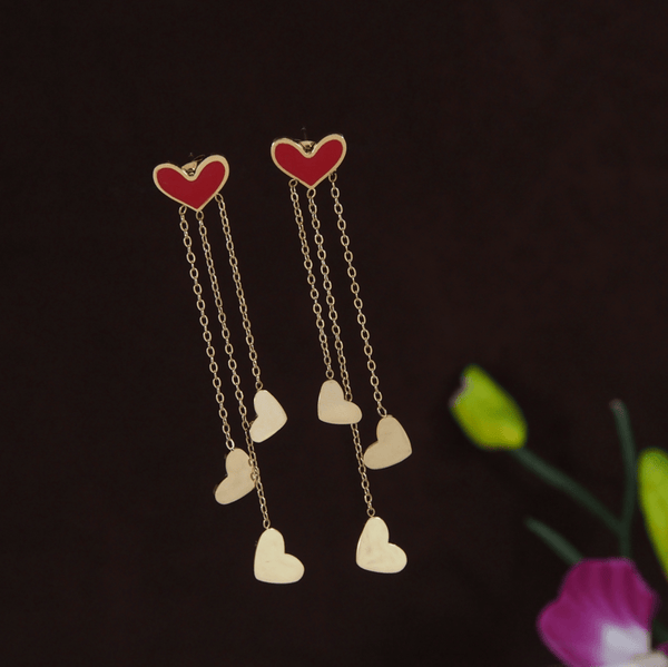 Tarohi JewelsStainless Steel Gold Plated Red Coloured Hanging Heart Chain Earring- STNER 3913