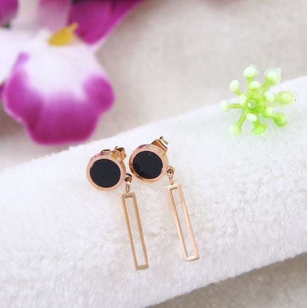 Tarohi JewelsStainless Steel Rosegold Plated Mini Black Disc Rectangle Hollow Bar Drop Earring- STNER 4028