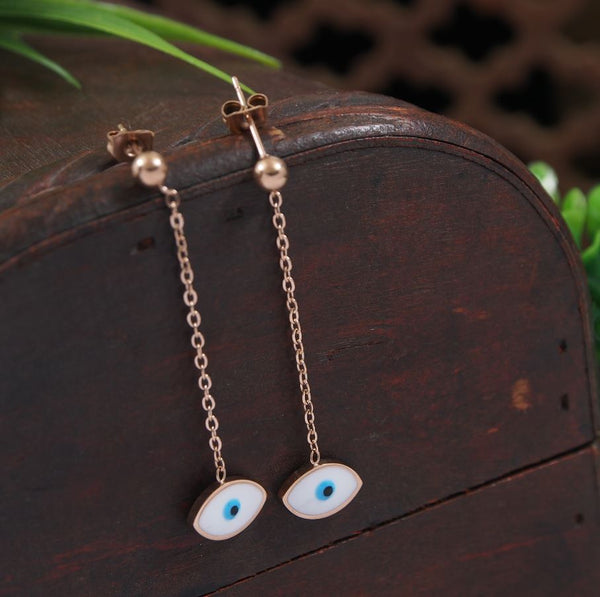 Tarohi JewelsStainless Steel Rosegold Plated Evil Eye Chain Dangle Earring- STNER 4051