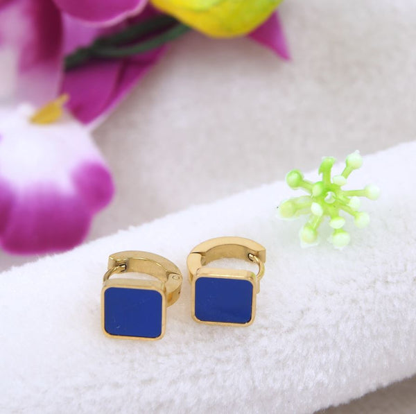 Tarohi JewelsStainless Steel Gold Plated Square Shaped Blue Coloured Hoops Earring- STNER 4056