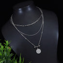 Stainless Steel Silver Plated Layered Coin Charm Necklace- STNK 3969