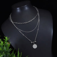Stainless Steel Silver Plated Layered Coin Charm Necklace- STNK 3969