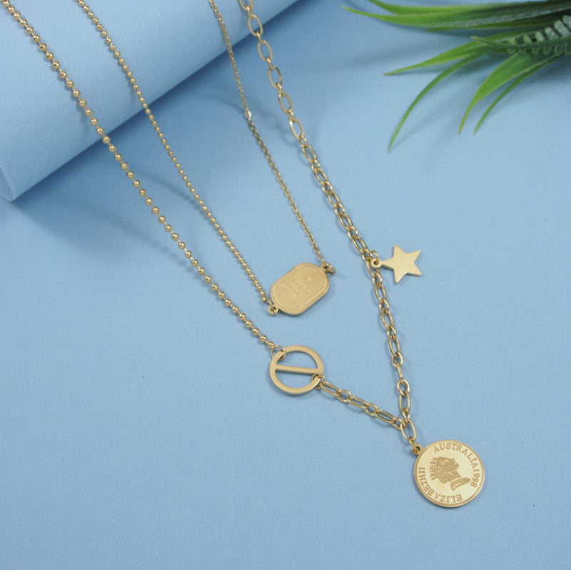 Stainless Steel Gold Plated Layered Coin Necklace- STNK 3975