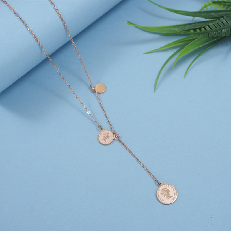 Stainless Steel Rosegold Plated Tri Coin Necklace- STNK 3976