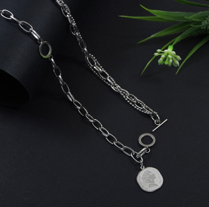 Stainless Steel Silver Plated Thick Chain Double Layered Elizabeth Coin Necklace-STNK 4063