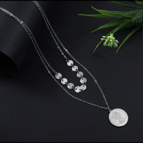 Stainless Steel Silver Plated Double Layered Elizabeth Coin Pendant Necklace-STNK 4087