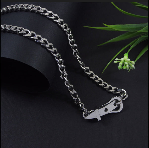 Stainless Steel Silver Plated Unique Belt Buckle Pendant Chain Necklace- STNK 4099