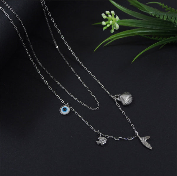 Stainless Steel Silver Plated Layered Multi Pendant Chain Necklace- STNK 4106