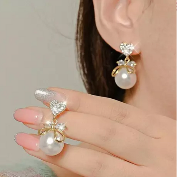 Subhag Alankar Pearl Drop Heart Bow Knot Korean Style Earrings For Girls & Woman