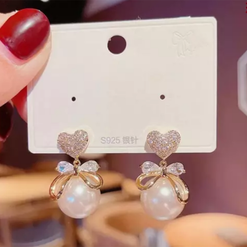 Subhag Alankar Pearl Drop Heart Bow Knot Korean Style Earrings For Girls & Woman