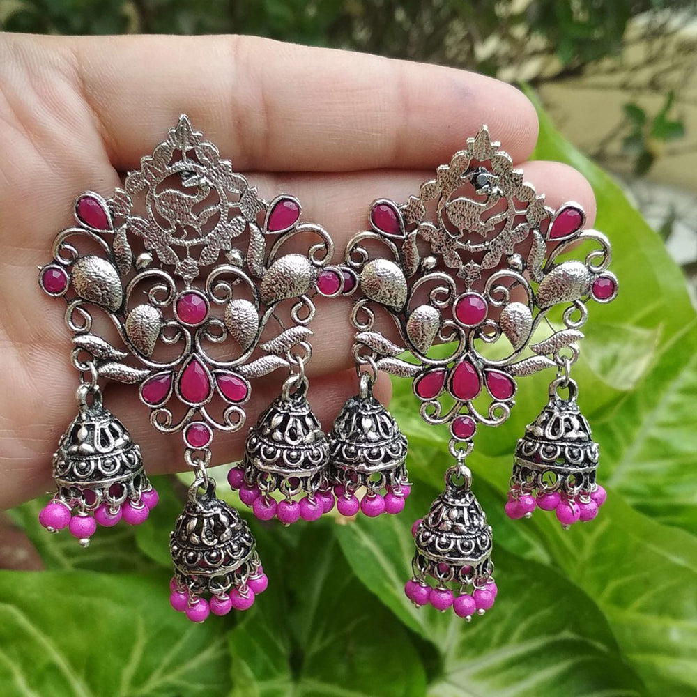 Bevy Pearls Oxidised Plated Crystal And Pearl Traditional Jhumki Earrings