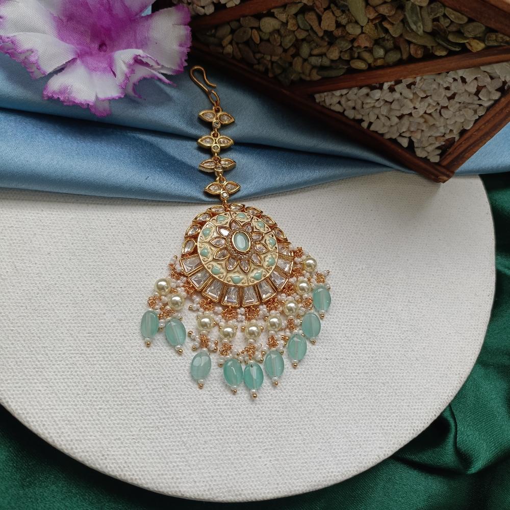 Arham Gold Plated Polki Kundan And Meenakari Pearl Beads Maangtikka