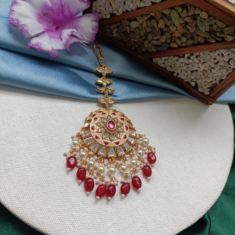 Arham Gold Plated Polki Kundan And Meenakari Pearl Beads Maangtikka