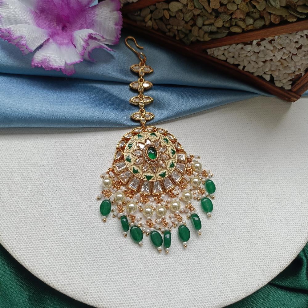 Arham Gold Plated Polki Kundan And Meenakari Pearl Beads Maangtikka