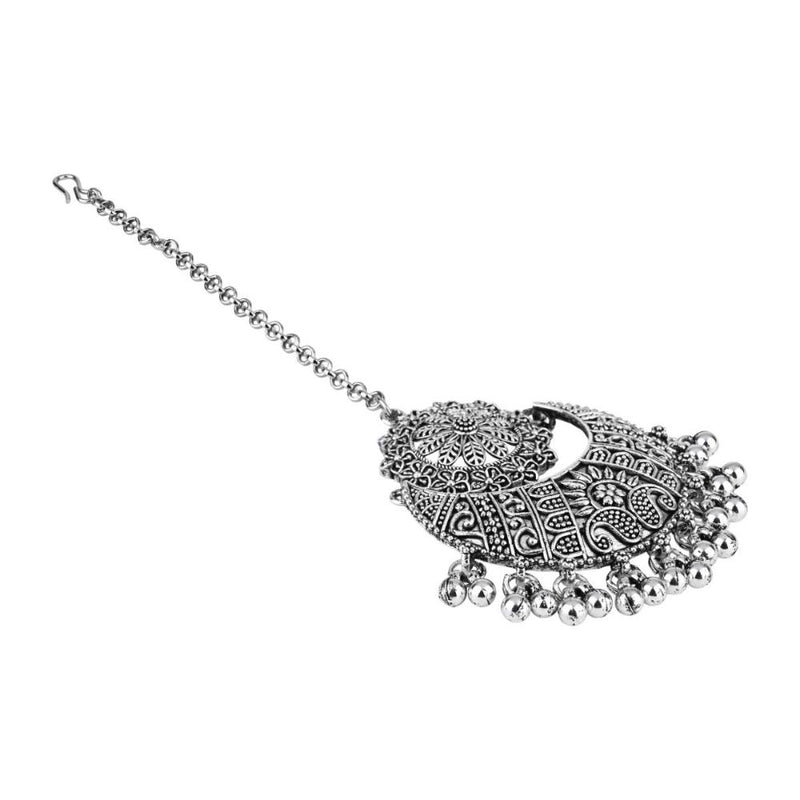 Etnico Silver Oxidised Ghungroo Maang Tikka For Women (T2182OX)