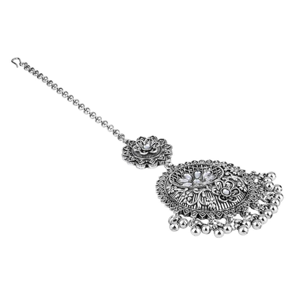 Etnico Silver Oxidised Ghungroo Maang Tikka For Women (T2183OX)