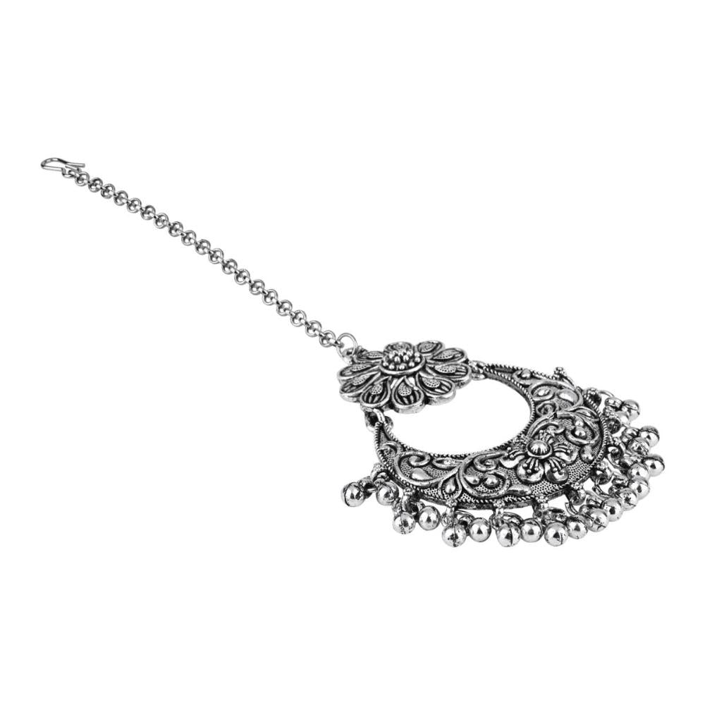 Etnico Silver Oxidised Ghungroo Maang Tikka For Women (T2184OX)