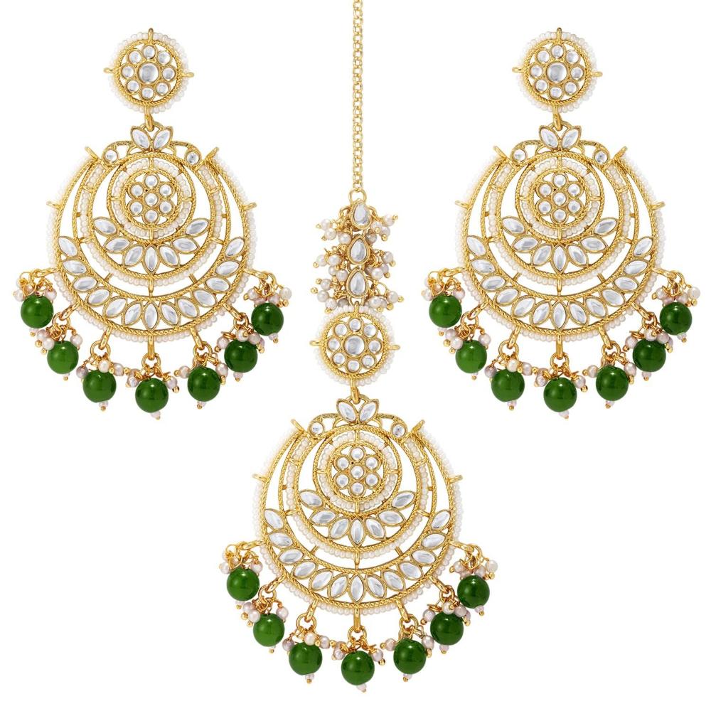 Etnico Gold Plated Traditional Big Kundan & Pearl Chandbali Earrings with Maang Tikka Set for Women/Girls (TE3002G-1)