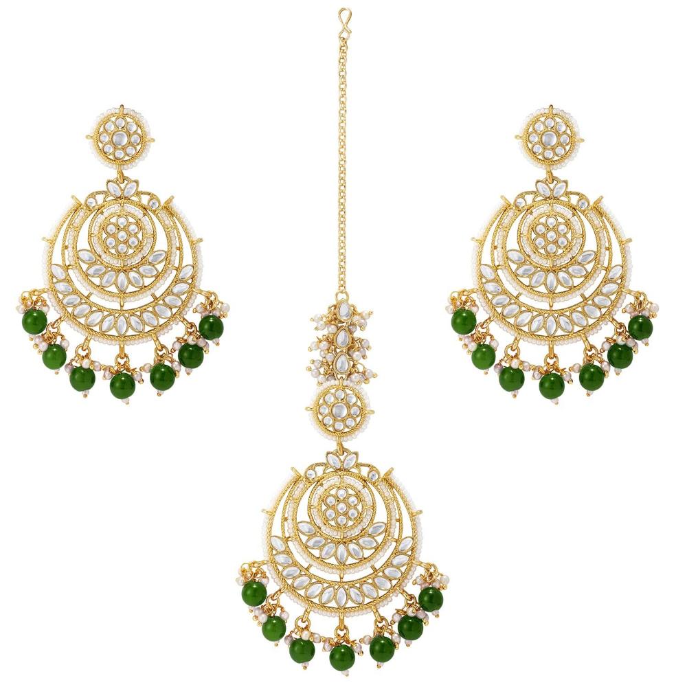 Etnico Gold Plated Traditional Big Kundan & Pearl Chandbali Earrings with Maang Tikka Set for Women/Girls (TE3002G-1)