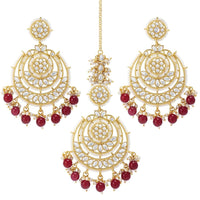 Etnico Gold Plated Traditional Big Kundan & Pearl Chandbali Earrings with Maang Tikka Set for Women/Girls (TE3002M-1)